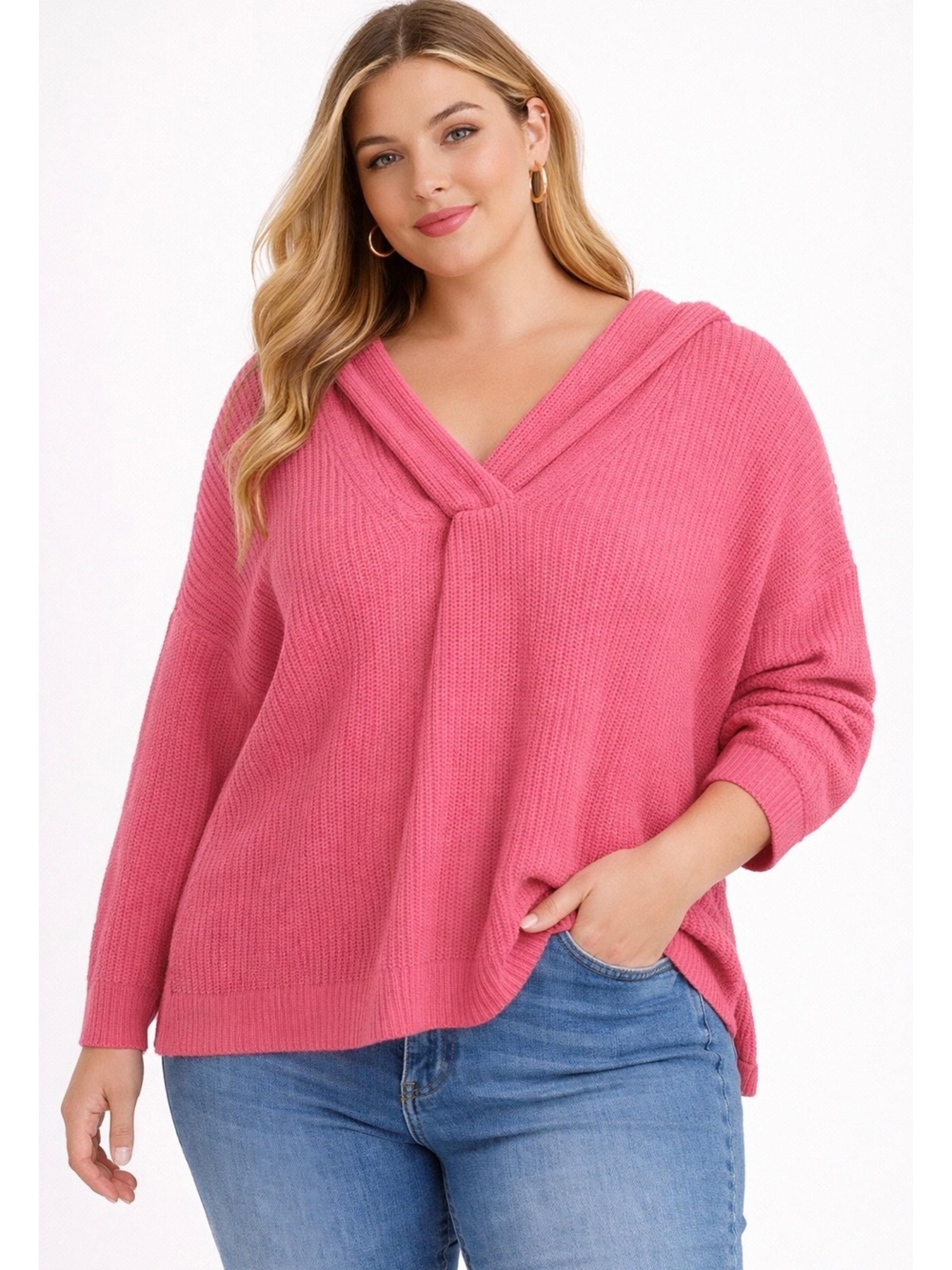 Ava & Viv Pink Ribbed V-Neck Hoodie Sweater